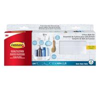 Command Juego de accesorios de baño para organización con 1 organizador de ducha, 1 jabonera, 1 soporte para cepillo de dientes y 2 ganchos con tiras Command resistentes al agua