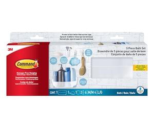 Command Juego de accesorios de baño para organización con 1 organizador de ducha, 1 jabonera, 1 soporte para cepillo de dientes y 2 ganchos con tiras Command resistentes al agua