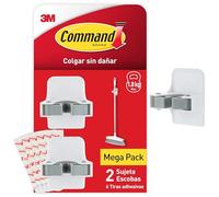 Command Soporte Escobas, 2 Ganchos y 6 Tiras Adhesivas - Para Colgar Escobas, Cepillos y Fregonas Sin Agujerear o Dañar la Pared