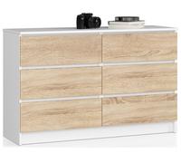 Cómoda akord k120 blanco 120 cm 6 cajones frente en color roble sonoma 120x40x77 cm