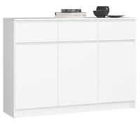 Cómoda akord k140 blanco 138 cm 3 puertas 3 cajones frente en color blanco 6 estantes 138x40x99 cm