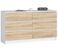 Cómoda AKORD K140 Blanco 138 cm 6 cajones frente en color Roble Sonoma 138x40x77 cm