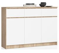 Cómoda akord k140 roble sonoma 138 cm 3 puertas 3 cajones frente en color blanco 6 estantes 138x40x99 cm