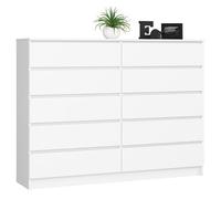 Cómoda akord k160 blanco 160 cm 10 cajones frente en color blanco 160x40x121 cm