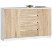 Cómoda akord k160 blanco 160 cm 2 puertas 4 cajones frente en color roble sonoma 4 estantes 160x40x99 cm