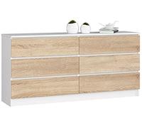 Cómoda AKORD K160 Blanco 160 cm 6 cajones frente en color Roble Sonoma 160x40x77 cm