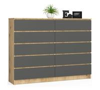 Cómoda akord k160 roble artisan 160 cm 10 cajones frente en color grafito gris 160x40x121 cm