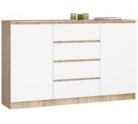 Cómoda akord k160 roble sonoma 160 cm 2 puertas 4 cajones frente en color blanco 4 estantes 160x40x99 cm