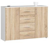 Cómoda akord k45 blanco 110 cm 2 puertas 4 cajones frente en color roble sonoma 4 estantes 110x35x80 cm