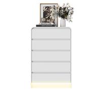 Cómoda Blanca de 5 Cajones con Luz LED RGB, Cajonera Moderna Minimalista con Almacenamiento para Dormitorio, Sinfonier Alto con Iluminación Regulable, Mueble Auxiliar para Habitación, Salón y Entrada
