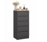 Cómoda, Cajonera Dormitorio SIL Mat Grey con 5 Cajones, Color Gris Mate y Jackson Hickory, 41 x 50 x 112 cm