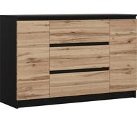 Cómoda, color mate, acabado en roble Wotan, dimensiones 120 x 78 x 39 cm, 2 puertas, 3 cajones