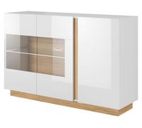 Cómoda con 3 puertas, color blanco + blanco brillante + roble Grandson, 138 cm, 2 cajones de 90 cm