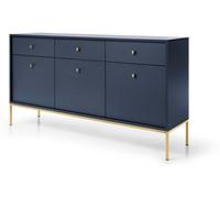 Cómoda con tres cajones y tres puertas, de color azul marino, con tiradores dorados