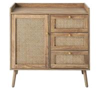 Cómoda de una puerta con 3 cajones, con frentes de ratán y patas de madera. Ancho: 80 cm. Marca: PALMO