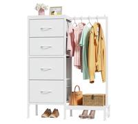 Comoda Dormitorio Cajonera 4 Caj Burro Ropa Perchero Infantil, Blanco | 110 cm Armario Ropero Cajonera Tela, 4 Cajones, Barra Colgar Ropa, Mueble para Salon Dormitorio Ninos Entrada