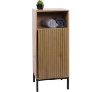 Cómoda HWC-O42, mueble para baño, armario con 1 puerta, 3 compartimentos de almacenamiento, MDF melamínico, 98x39x30 cm, aspecto de madera natural