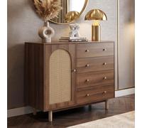 Cómoda HWC-P52, mueble aparador/vitrina alta, con cajones y compartimentos de almacenamiento, fabricada en polirratán, MDF y melamina, de 95x100x40 cm, color marrón