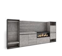 Skraut Home | Aparador | con Almacenamiento | 334x145x35 cm | Dormitorio, habitación | Chimenea eléctrica XXL | Cómoda, Cajonera | Zapatero | Vestidor Abierto | Estilo Moderno | Cemento