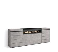 Cómoda Skraut Home, doble cajonera de 4 cajones, Mueble Auxiliar, medidas totales 214x35x75cm, Chimenea eléctrica led efecto fuego 3d, Varios colores Cement