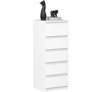 Cómoda VBChome con 5 cajones, 40 x 39 x 105 cm, color blanco. Cómoda con cajones sin tiradores, mueble multiusos para pasillo, dormitorio, salón o habitación infantil