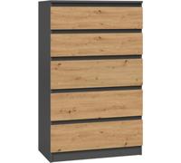 Cómoda VBChome con 5 cajones, 70 x 40 x 110 cm, roble Artisan - gris antracita. Cómoda con cajones sin tiradores, mueble multiusos para pasillo, dormitorio, salón, habitación infantil. Diseño moderno,