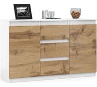 Cómoda VBChome de 120 x 35 x 75 cm con 3 cajones y 2 puertas, color blanco y roble Wotan. Cómoda sin tiradores, ideal para recibidores, dormitorios y otros espacios