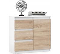 Cómoda VBChome de 80 x 35 x 75 cm, con 3 cajones y 1 puerta, color blanco. Cajones sin tiradores, estilo roble Sonoma. Mueble multiusos para pasillo, dormitorio