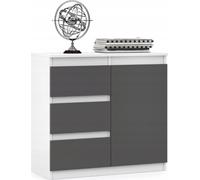 Cómoda VBChome de 80 x 35 x 75 cm con 3 cajones y 1 puerta, color blanco. Cómoda con cajones sin tiradores, armario multiusos para pasillo o dormitorio