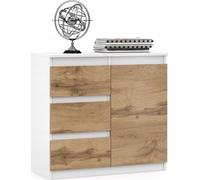 Cómoda VBChome de 80 x 35 x 75 cm con 3 cajones y 1 puerta, color blanco y roble Wotan. Cómoda sin tiradores, ideal para recibidores, dormitorios y otros espacios
