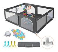 COMOMY Parque Infantil Bebe 150 x 180 x 66 cm, Corralito Bebe con 50 Pit Balls, Mini Basketry y 4 Pull Rings, Corral Bebe con Malla Suave y Transpirable, Gris