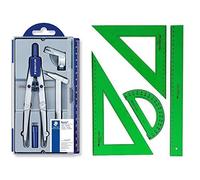 Compás Escolar de Precisión Staedtler 550 (Reemplazo)+ Conjunto con: Escuadra, Cartabón, Regla y Semicírculo, Color Verde (02)