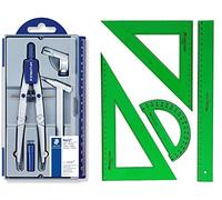 Compás Escolar de Precisión Staedtler 550 (Reemplazo)+ Conjunto con: Escuadra, Cartabón, Regla y Semicírculo, Color Verde (02)