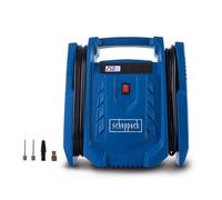 Compresor Scheppach Airforce 7 SC - Conexión de 230V y 12V | Presión de trabajo de 8 bar | 24 litros/minuto | Sin aceite y portátil | Pantalla LCD | Incluye inflador de neumáticos y adaptadores