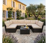 CONCEPT Fábrica Salón de jardín de 6 plazas - Conjunto modular de resina trenzada marrón con mesa de café de vidrio templado y 8 cojines beige desmontables - Muebles de exterior para terraza y balcón