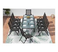 Concept-Usine | Brescia Muebles de Jardín de Diseño 10 Personas Extensible Gris y Negro - 1 Mesa de Aluminio - 10 Sillones - Tapa de Cristal - Extensión Corredera - Ligero, Robusto, Impermeable