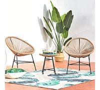 Concept-Usine | Juego de 2 Sillones Tipo Huevo + Mesa de Centro Redonda en Color Beige de Diseño Acapulco de Ratán Natural - Cuerdas de Polietileno Resistentes - Hamaca con Asiento - Impermeable