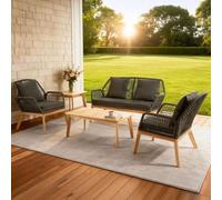 Concepto de fábrica | Salón de jardín de 4 plazas Rosario Madera Roble y Cuerda Negra | Sofá + 2 Sillones + Mesas | Cojines gruesos Gris Antracita | Estilo natural y diseño elegante | Resistente al