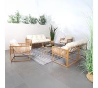 Concepto de fábrica | Salón de jardín TURINI 8 plazas efecto ratán natural | 2 sofás de 3 plazas + 2 sillones + mesa de vidrio templado | cojines blancos 12 cm repelentes | acero anticorrosión