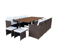 CONCEPTO FÁBRICA | Salón de jardín Empotrable Toledo 12 plazas Resina Trenzada Marrón | Mesa de comedor exterior con 8 Sillones y 4 Pufs | Bandeja Acacia | Cojines Beige Desenfundables | Funda