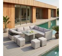 CONCEPTO FÁBRICA | Salón de jardín Samoa Empotrable de 10 plazas | Resina trenzada de 4 hilos gris claro | Mesa alta de vidrio templado | Sofá esquinero reclinable con baúl de almacenamiento | 4 Pufs