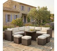 CONCEPTO FÁBRICA | Salón de jardín Samoa Empotrable de 10 plazas | Resina trenzada de 4 hilos marrón | Mesa alta de vidrio templado | Sofá esquinero reclinable con baúl de almacenamiento | 4 Pufs y