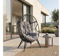 CONCEPTO FÁBRICA | Sillón Huevo sobre Pies Beige de Resina Gris Aspecto Ratán | Diseño Jane | Estructura de acero | Cojín repelente al agua | Hamaca Columpio en Pie Terraza Jardín Balcón | Resistente
