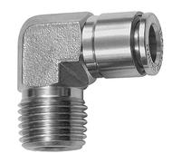 Conector en L, R 1/4 A, para manguera de diámetro exterior de 8 mm, presión de trabajo máx. 20 bares, acero inoxidable 1.4404.