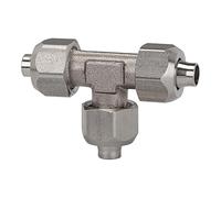 Conector en T, para manguera 6/4 mm, SW1 12, SW2 10, rango de presión máx. 25 bar, temperatura de -40 °C a 200 °C, acero inoxidable 1.4404.