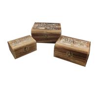 Conjunto 3 Cajas de Madera, Forma de baúl, 9 x 19 x 15,5 cm, Juego Cajas rectangulares Decorativas, Cierre metálico Frontal, almacenaje Objetos de Valor, Joyas