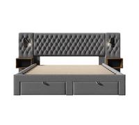 Conjunto cama 160x200 cm - cabecero con luz de lectura y carga usb, 2 mesitas y 4 cajones - gris terciopelo