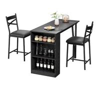 Conjunto compacto de comedor y bar 3 piezas - Mesa alta extensible con estantes - Sillas acolchadas cómodas - Ideal para cocina o apartamento pequeño - Estructura resistente y duradera - Color negro