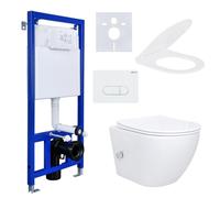 Conjunto completo de inodoro con ducha Aloni, sin borde de descarga, de montaje en pared, con función de taharet/bidé, grifo de agua caliente y fría, asiento de inodoro con cierre suave y estructura d