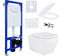 Conjunto completo de inodoro con ducha, de montaje en pared, con función de bidé de taharet, inodoro de pared sin borde, asiento con sistema de cierre suave, cisterna oculta y panel de pared, incluyen